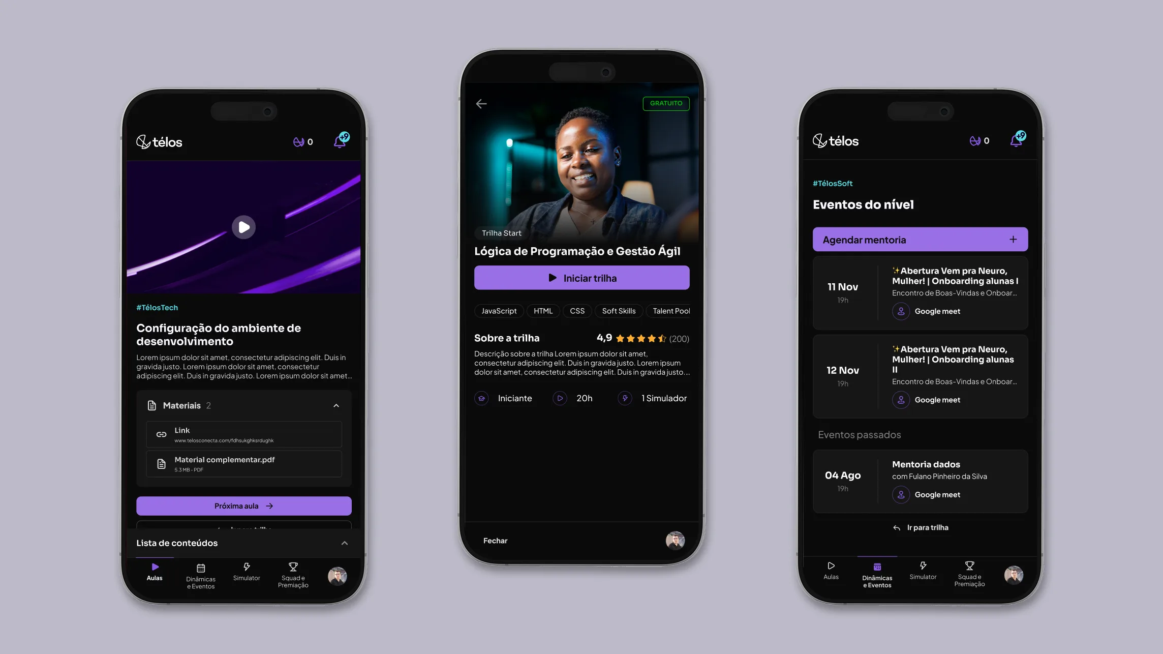 Três telas do app da Télos: configuração do ambiente de desenvolvimento em uma trilha de aulas, página de uma trilha gratuita de lógica de programação e lista de eventos e mentorias do nível.