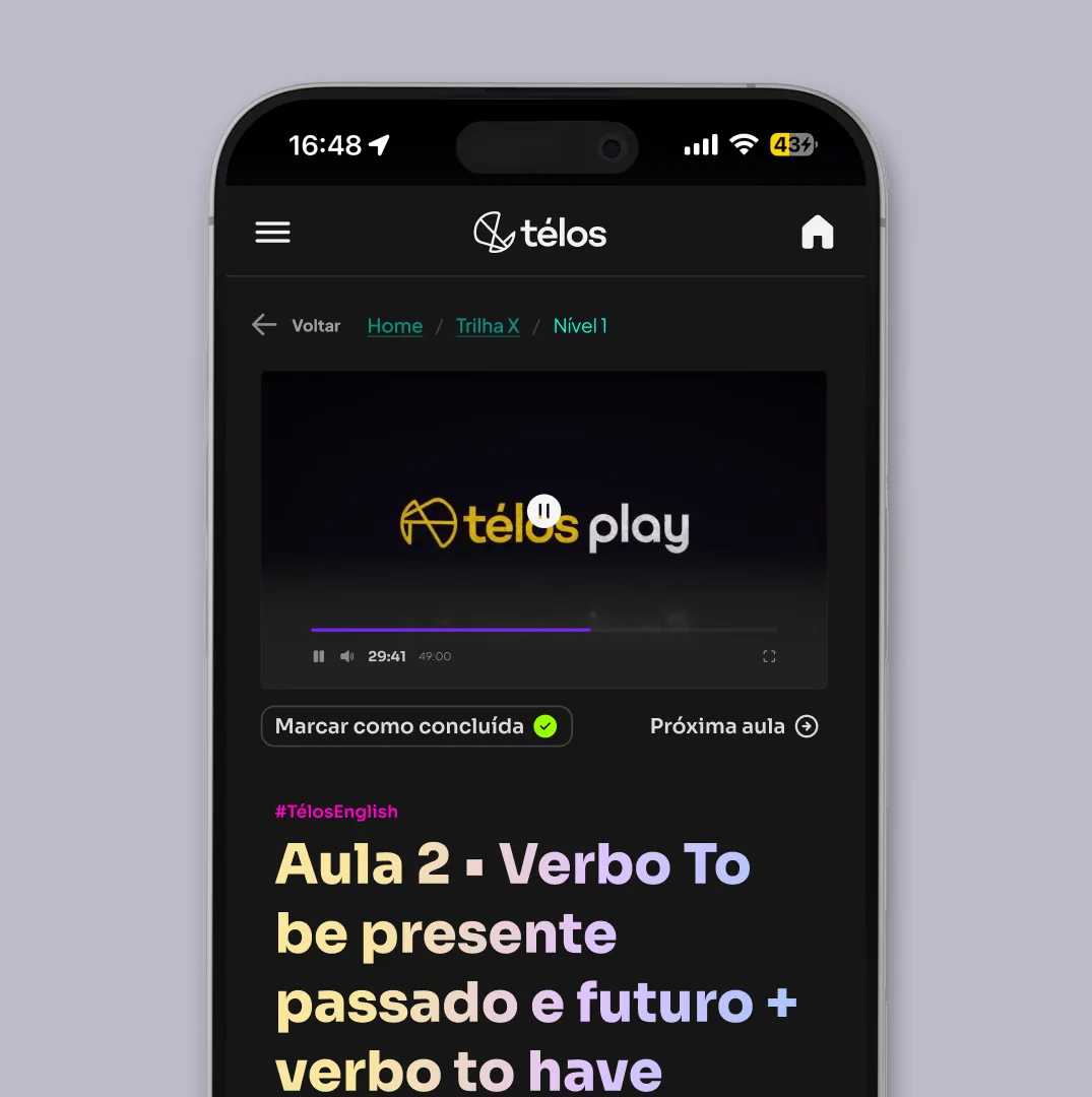 Tela antiga da aula: depois do vídeo, só um link discreto de “Próxima aula” ao lado de “Marcar como concluída”.