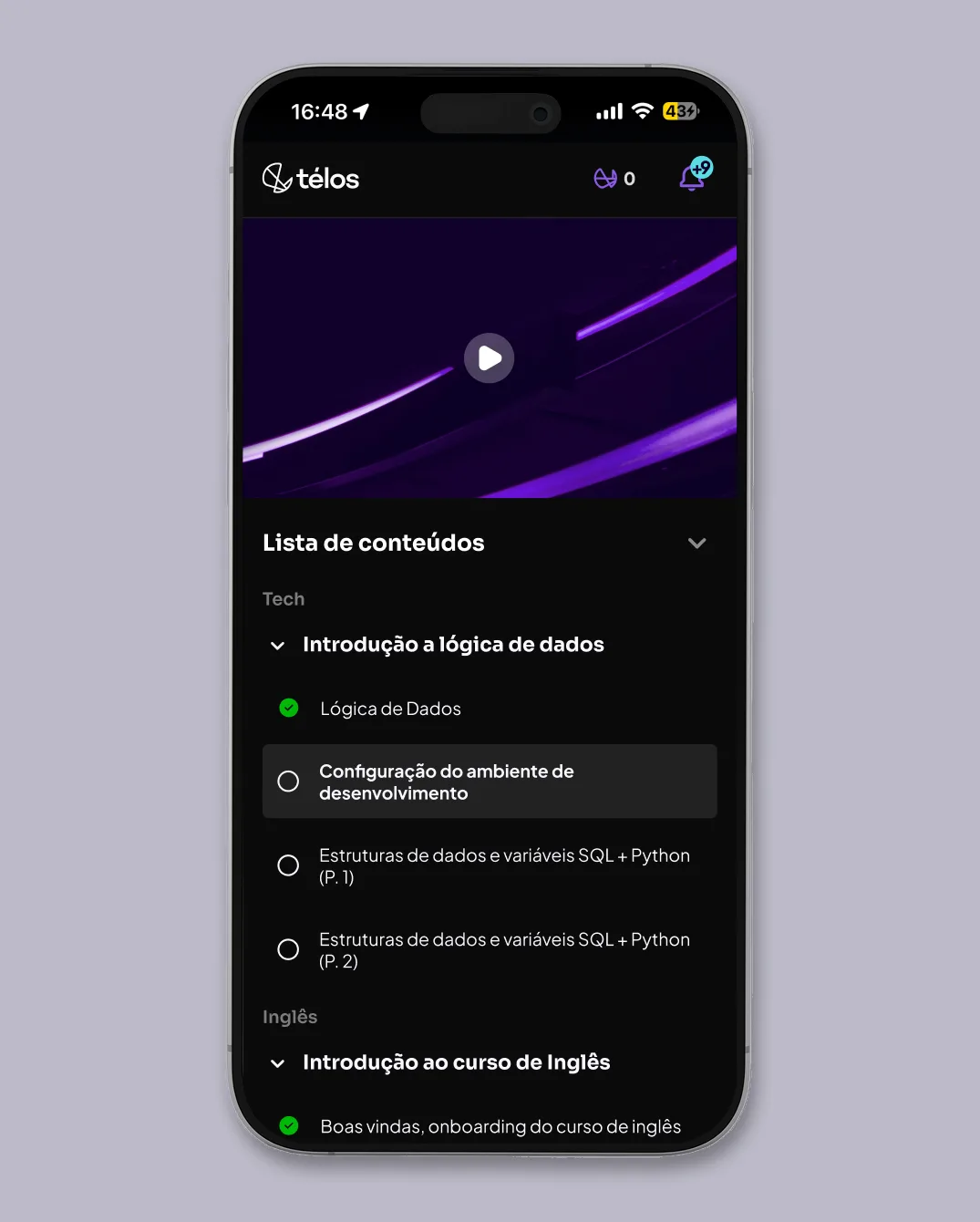 Nova tela da trilha: vídeo no topo e lista de conteúdos marcando as aulas concluídas e a aula atual.
