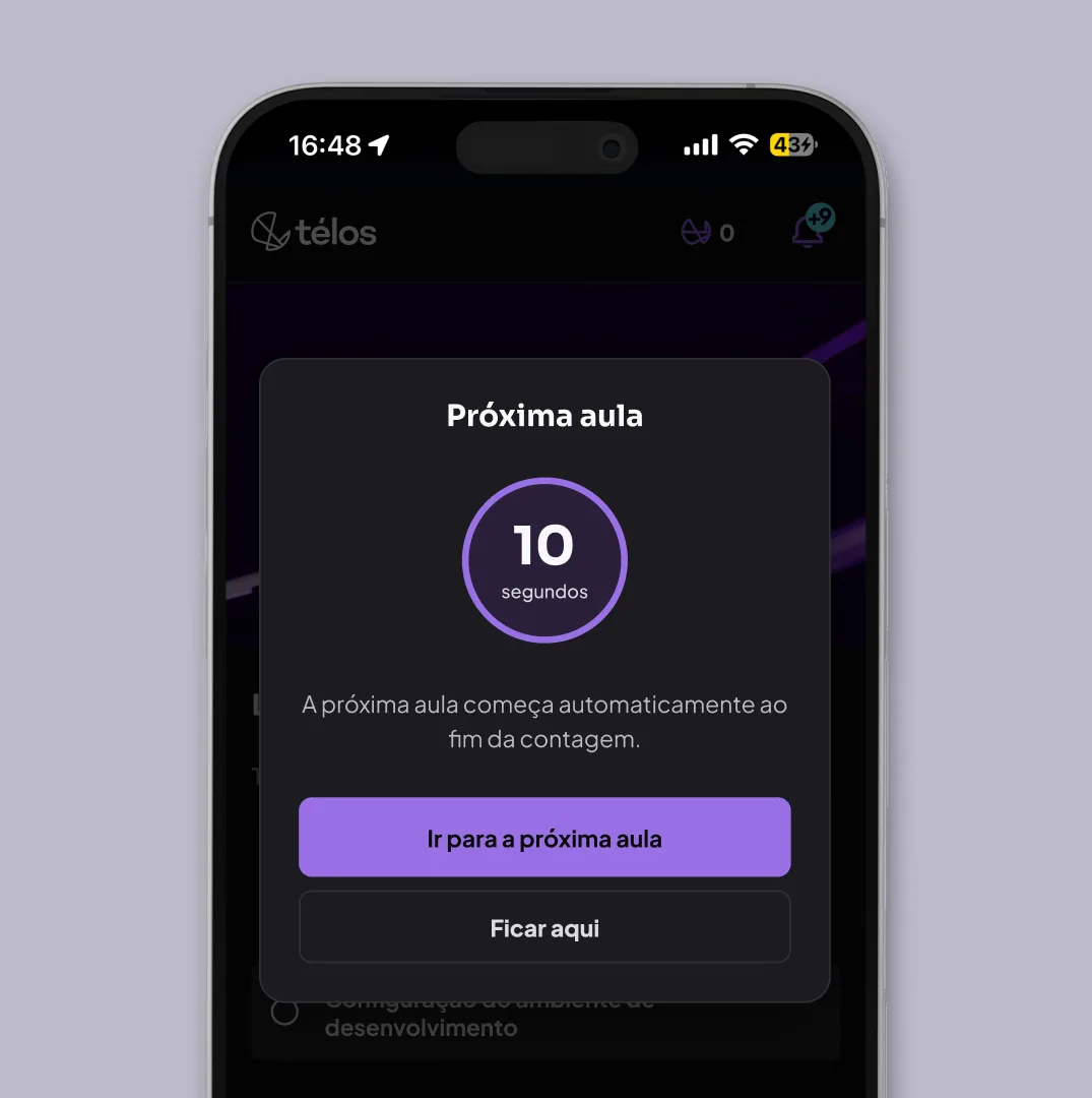 Nova tela: ao fim da aula, um aviso com contagem regressiva leva à próxima aula, com a opção de ficar.